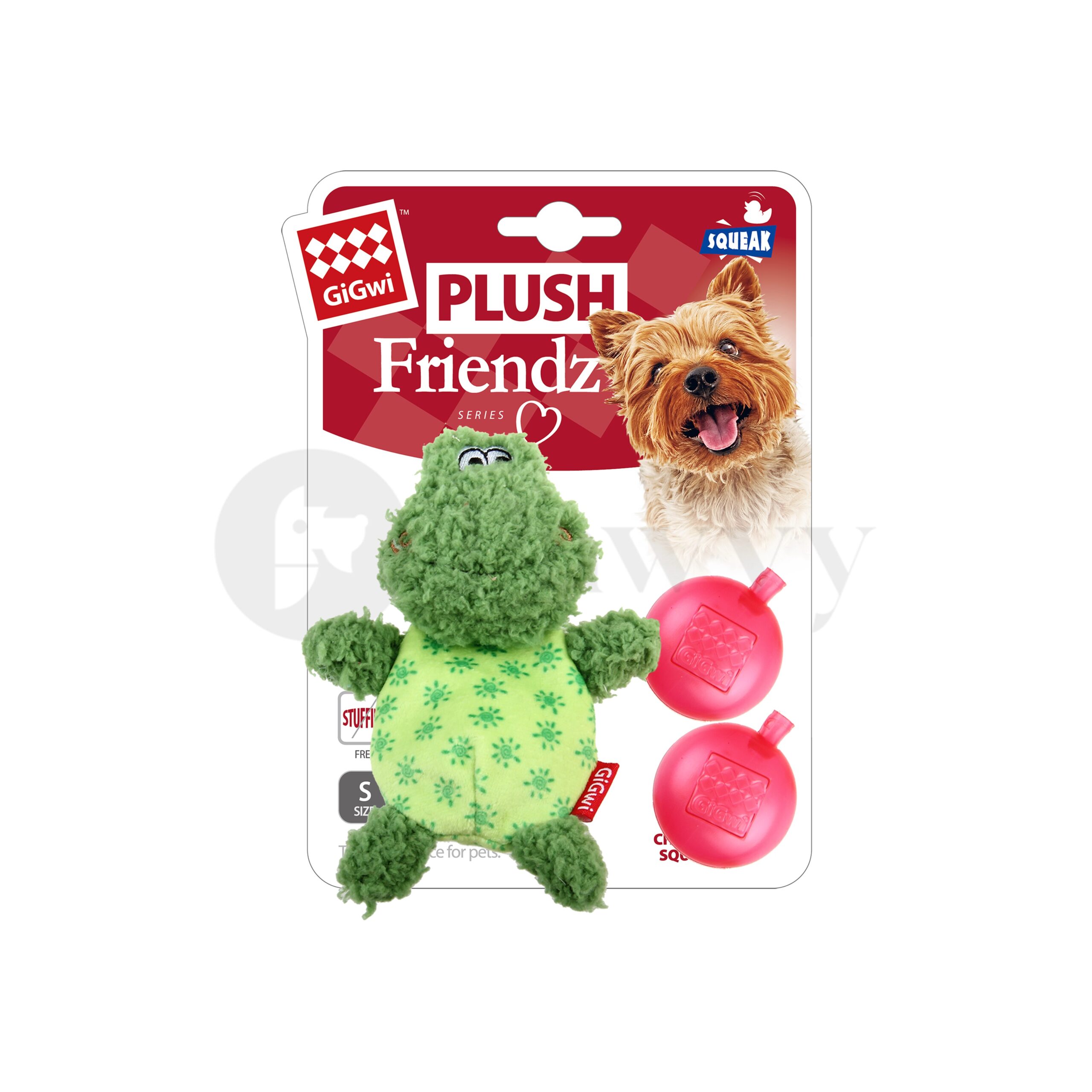 GiGwi Plush Friendz Refillable Squeaker Frog comes with two squeakers and feature multiple material for pet dog and puppy