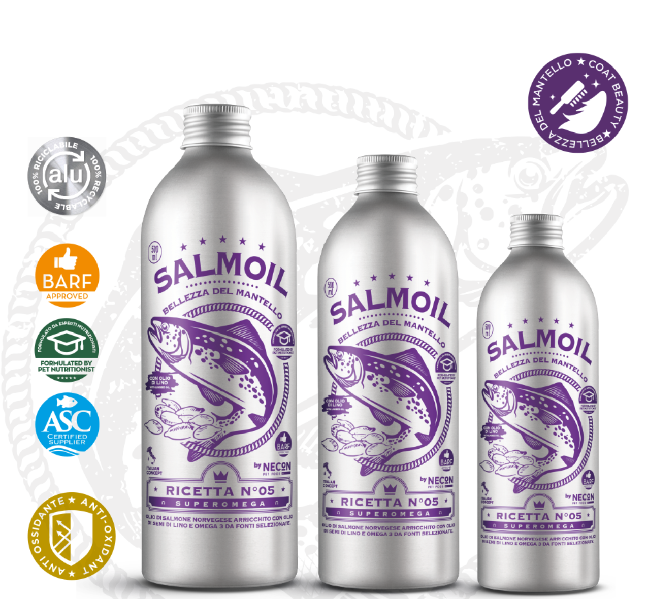 Salmoil Recipe 5 is also called SUPER-OMEGA because of the richness in Omega3 fatty acids (>30%) and optimal ratio netween Omega3 and Omega 6(2,5:1). The synergy of beneficial properties of the various sources of Omega3 used in Salmoil Recipe 5 (pure Norwegian salmon oil, krill, linseed oil and Schizochytrium seaweed) allows to keep shiny and healthy skin and coat.